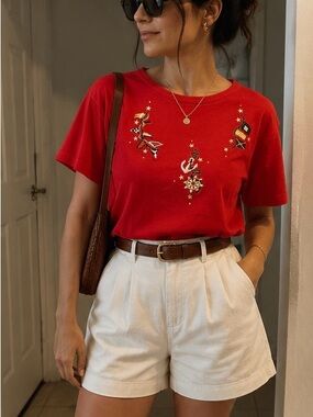 Women’s Red Embroidered Short Sleeve Tee